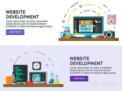 平面設計現代矢量圖的概念。平面彩色橫幅設計一套。網站開發,網頁設計。現代平面設計中的 Web 橫幅,網站元素。編程和編碼
