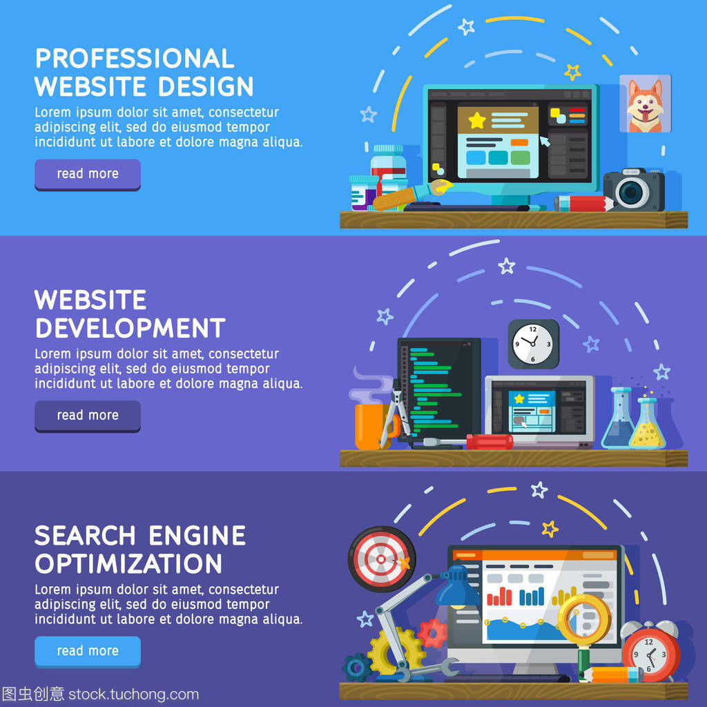 橫向平面樣式的廣告橫幅。設置為 web 橫幅。網站和應用程序的開發。網頁設計。編程和編碼。搜索優化、 Seo 和市場營銷。矢量圖